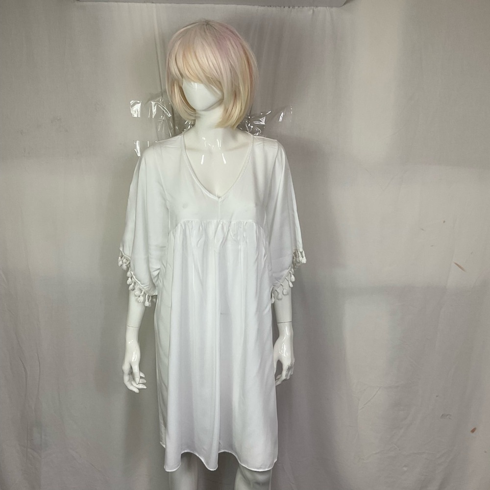 Bognar Blu White Tassel Half Sleeves V-Neck Pullover Cover Up Dress XL